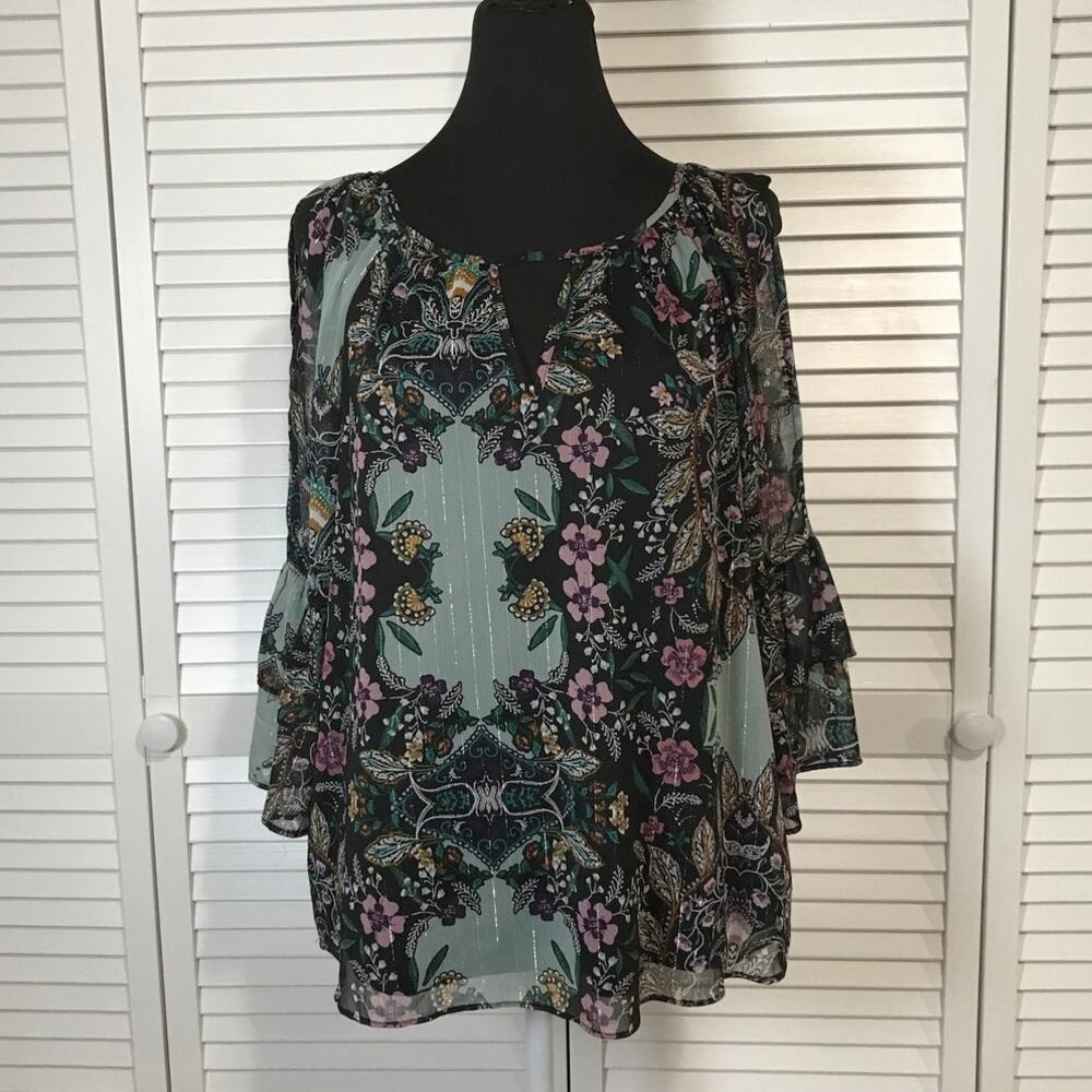 I.N. San Francisco Y2K Black Floral Cutout Ruffled Long Sleeves Lined Blouse M